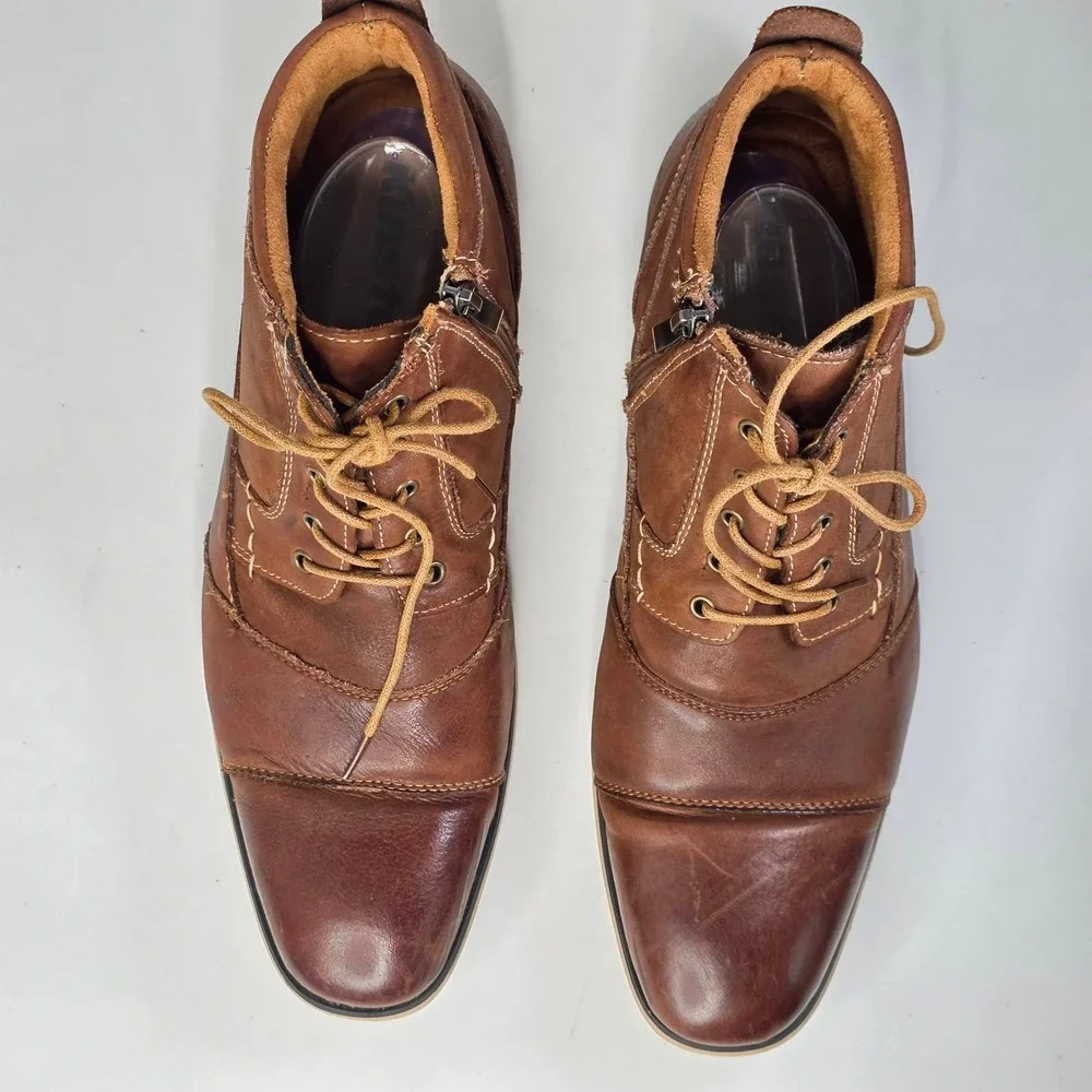 Kunsto Boots Men's Size 12 Tan Leather Cap Toe Side Zip Arch Support Shoes